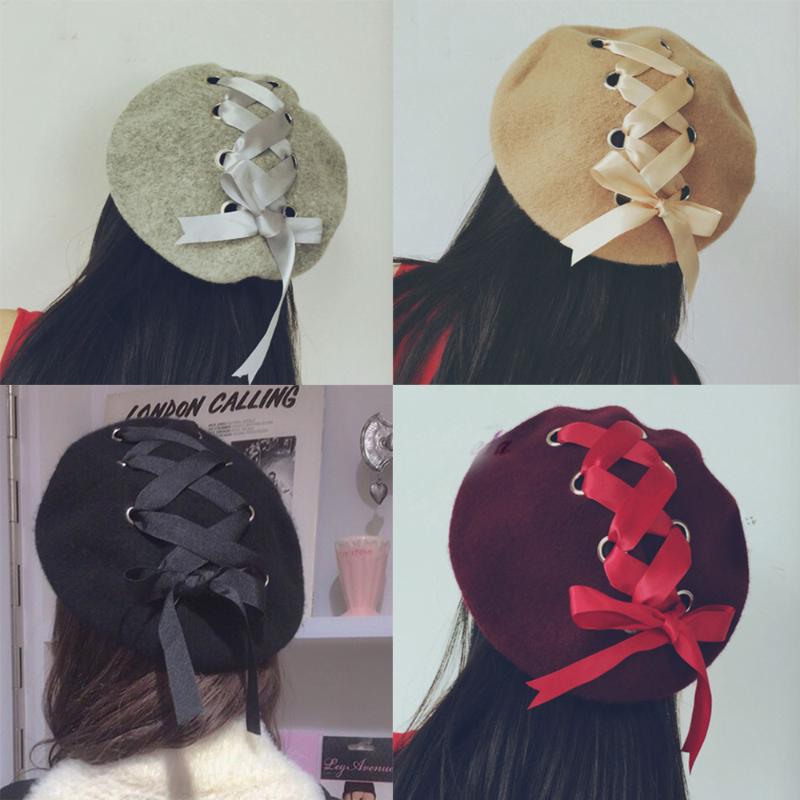 

Harajuku Style Girls Hat Cap Lace-up Woolen Lolita Beret For Autumn Winter Women Hats Boina Feminina AFC864, Black