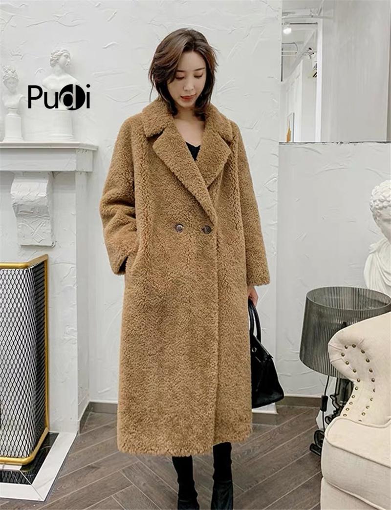 

PUDI CT942 women' winter 100% wool fur coat female jacket over size parka lady fashion long sheep fur coat, Khaki