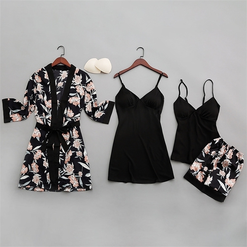

QWEEK Sexy Women Pajamas Silk Print Women pijamas Sleepwear Four piece Spaghetti Strap Satin Pyjamas with Chest Pads 201113, Black