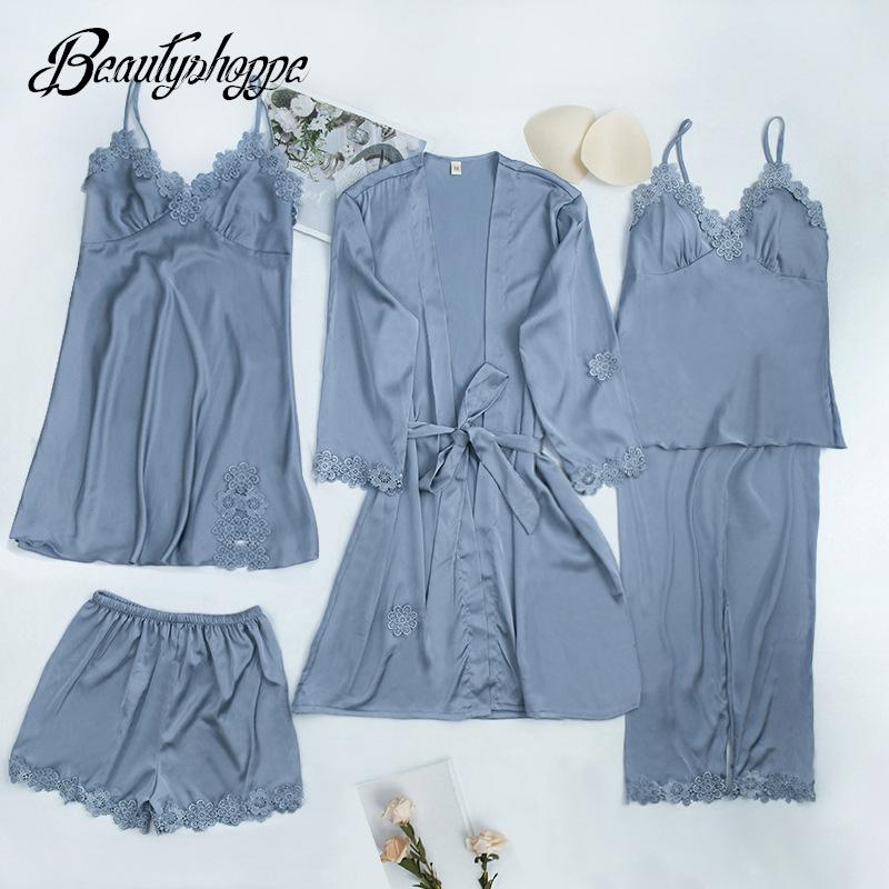 

Print Pajama Set Women Lace Trim Satin 5PCS Sleepwear Suit Pyjama Summer New Wedding Nightwear Casual Home Wear Kimono Bath Gown, Green