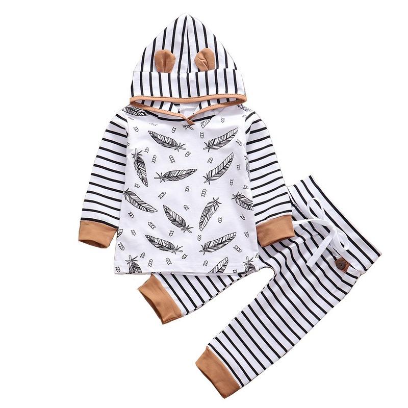 

2020 Spring Suit Kids Boy Baby Feather Allover Printed Striped Hooded Suit, As pic