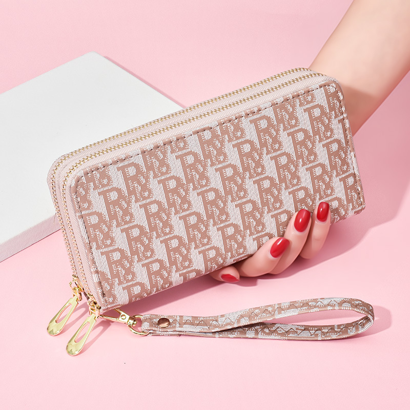 

Wholesale ladies coin purse classic printed leather long wallet elegant atmosphere contrast leather clutch bag multi-card double zipper fashion storage wallets, Khaki2-(single zipper)