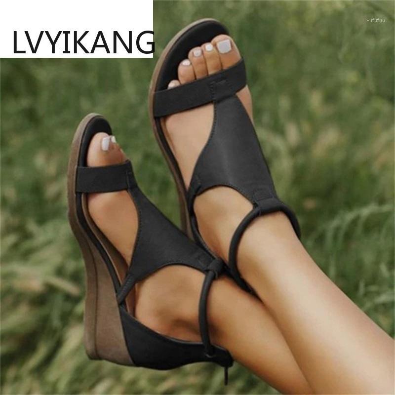 

Summer Women Sandals Mid Heels Wedges Shoes Woman Vintage PU Leather Plus Size Shoes Gladiator Sandalias Mujer Sapato Feminino1, Black