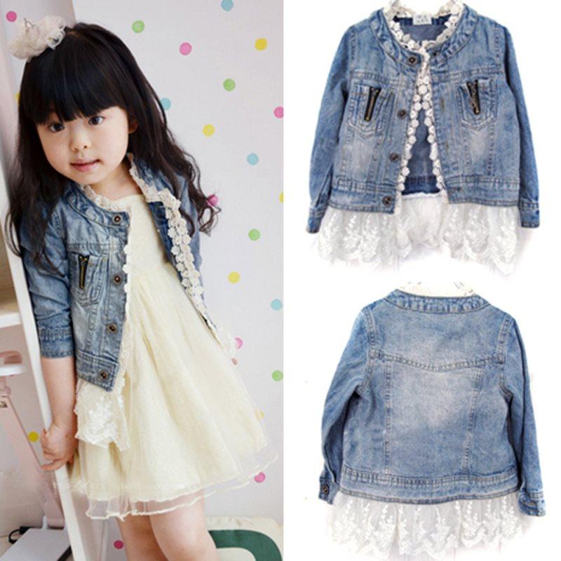 

Children Girls Jeans Outerwears Jacket Kids Lace Coat Long Sleeve Button Denim Jackets For Girls 2-7Y Spring Autumn Fashion, As pic