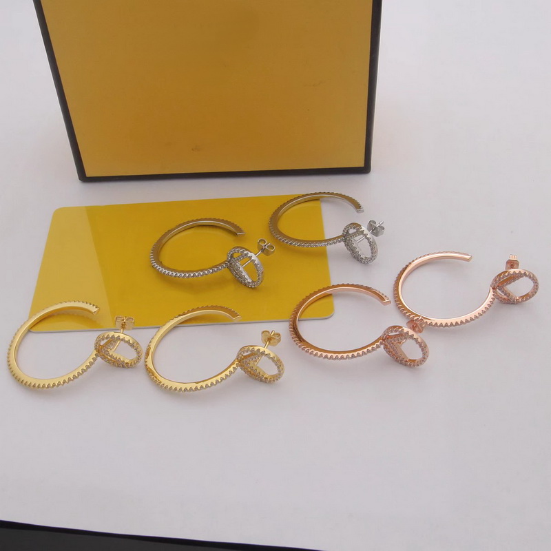 

Europe America Designer Fashion Style Lady Women Gold/Silver/Rose Color Hardware Engraved F Letter Hollow Out Diamond Stud Hoop Earrings 3 Color