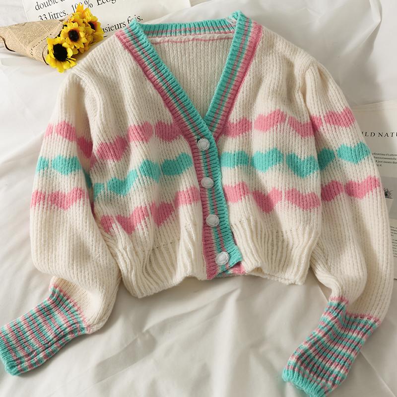 

Women's Knits & Tees Sweet Korean Fashion V Neck Long Sleeve Love Heart Knitted Cardigan Crop Sueters Mujer Autumn Print Contrast Striped Sw, White