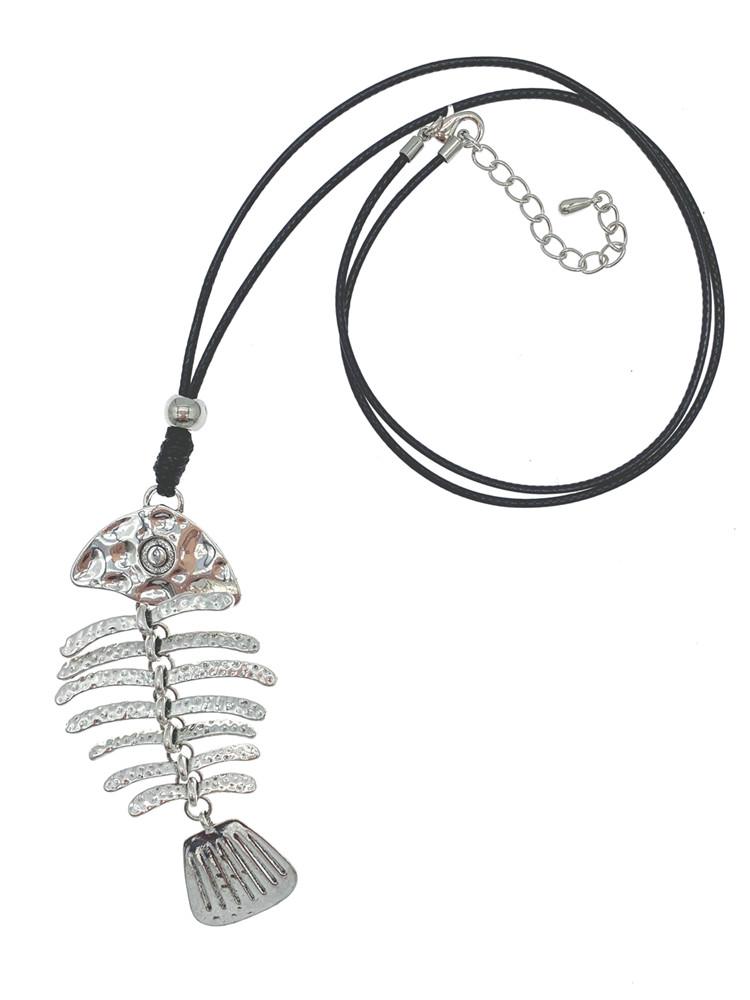 

Hammered Fish Bone Silver Plated Pendant Long Necklace With Black Wax Cords Antique Vintage Style For Women Girls 30 Inch