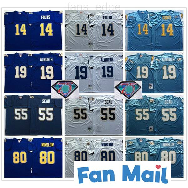 

NCAA Vintage Top #55 Junior Seau Jersey 14 Dan Fouts 19 Lance Alworth 80 Kellen Winslow Mens Blue White Football Jerseys 75th Patch, As picture
