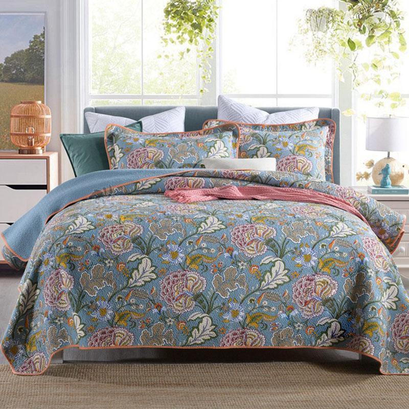 

Print Bedspread Cotton Quilt Set 3PCS Bed Cover With 2*Pillowcase Queen Size Summer Blanket Coverlet1, Blue