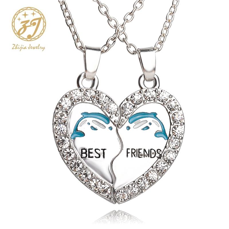 

Zhijia 2pcs Blue Dolphin Necklace Best Friends Necklaces Rhinestone Heart Animal Necklace For Bestfriend friendship jewelry Gift