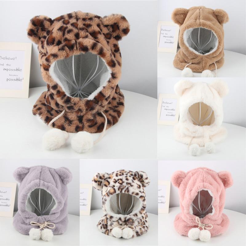 

Children Plush Scarf One Leopard Print Cycling Windshield Caps Hats stretchy Soft keep warm and windproof
