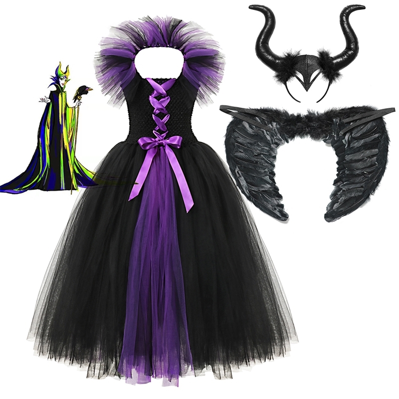 

3PCS Maleficent Clothing Set for Girls Tutu Dress Headgear Wings Descendants Villain Maleficent Cosplay Costume Evil Queen Frock T200813, Maleficent dress