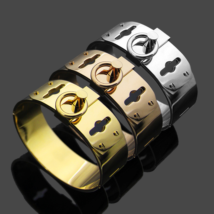

Europe America Fashion Women Lady Titanium Steel H Letter Circle Four Nails 18k Gold Plated Wide Bracelet Bangle 3 Color