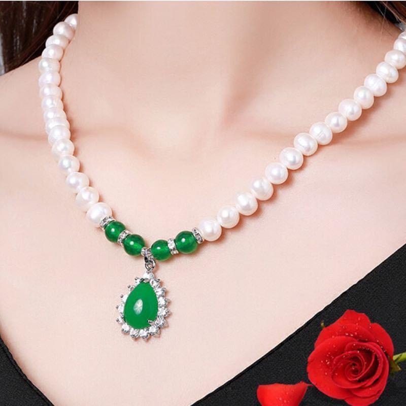 

Fashion Natural + 8-9mm White Round Pearl Necklace 18 Inch 14K + Agate Pendant, 100% Natural Pearl Necklace