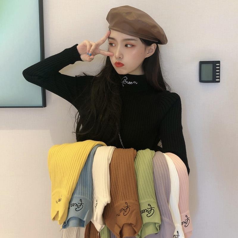 

Fall Winter Women Pullovers Sweater Knitted Elastic Casual Jumper Fashion Letter Embroidery Turtleneck Warm Slim Female Sweaters, Purple