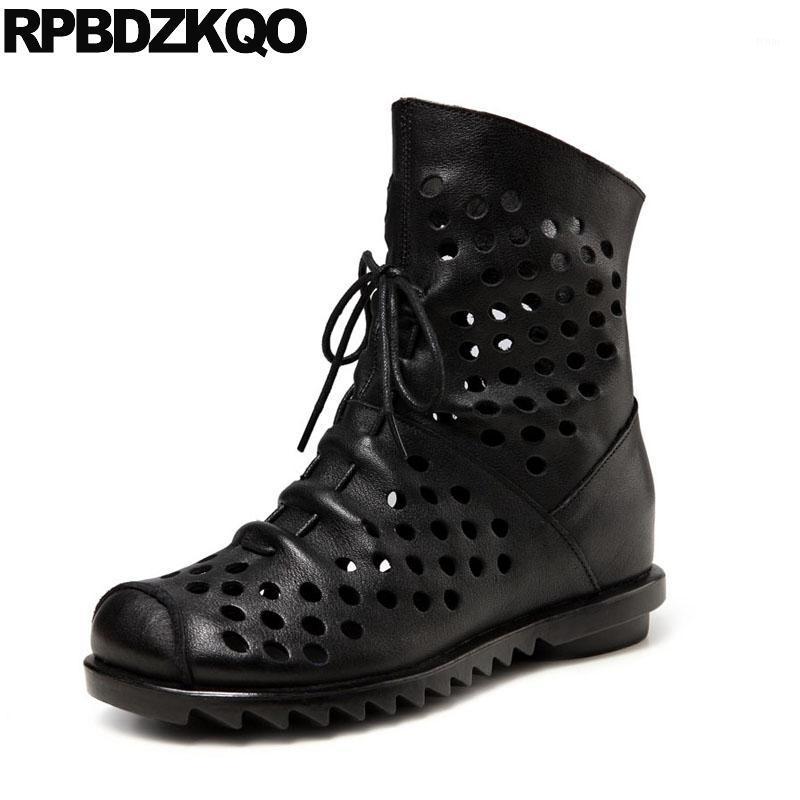 

Black Cutout Handmade Women Ankle Boots 2020 Round Toe Genuine Leather Flat Summer Shoes Sandals 10 Fall Short Big Size Cut Out1