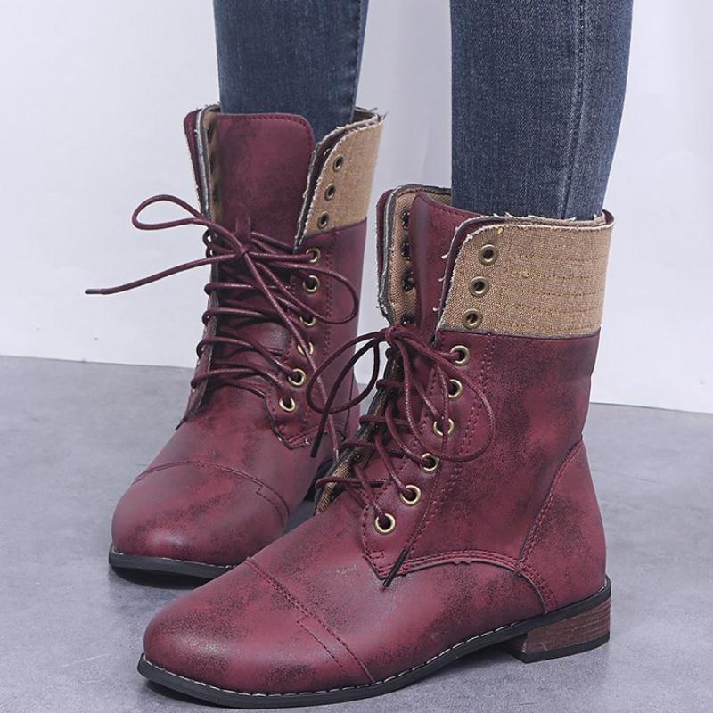 

New boots women lace up pu leather ankle boots autumn winter vintage platform western ladies booties zapatos mujer, Gray