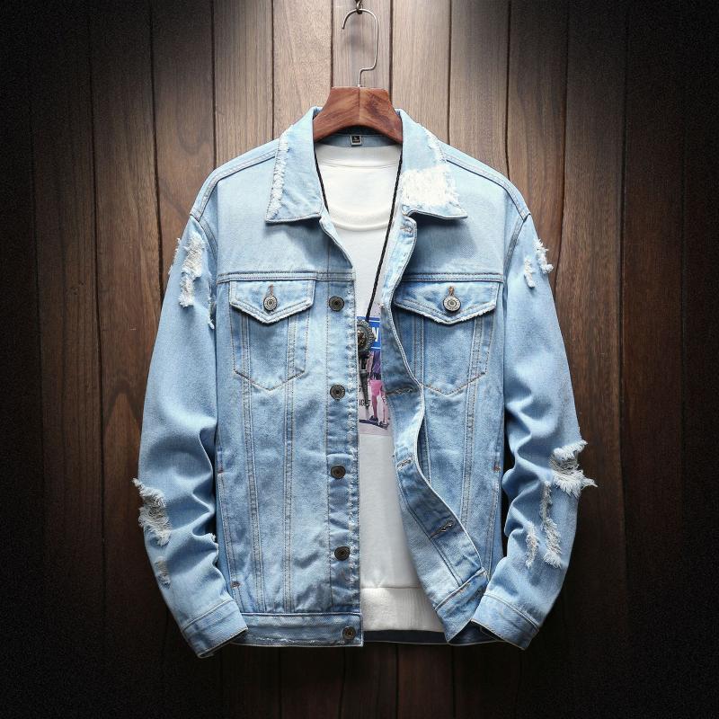 

Denim Coat Men Hole Full Sleeve Single Breasted Casual Fashion Jacket Male Loose Autumn Winter Tide, Black