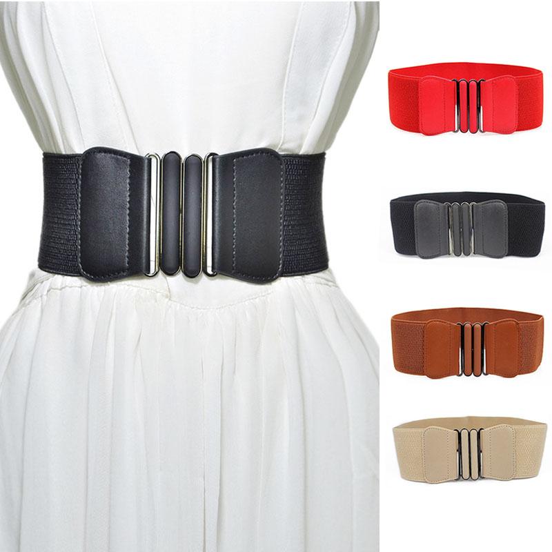 

Women Skinny Belt Fashion Stretch PU Leather Wide Waist Belt Ladies Double Metal Buckle Waistband For Dress Accessories, Red