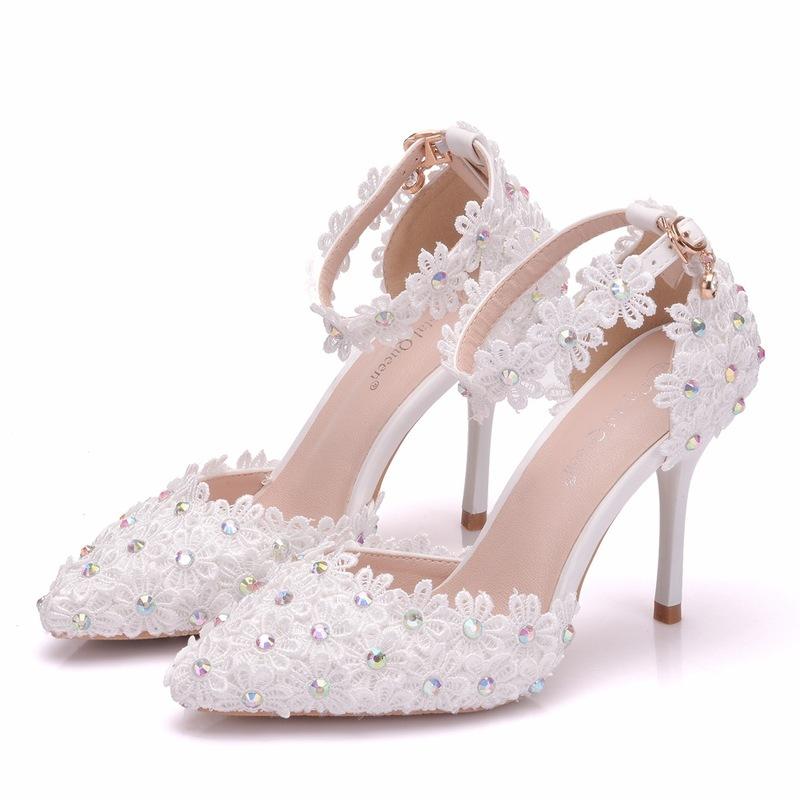 

pumps women shoes ankle strap rhinestone high heels shoes women wedding lace flowers high heel stiletto pumps white