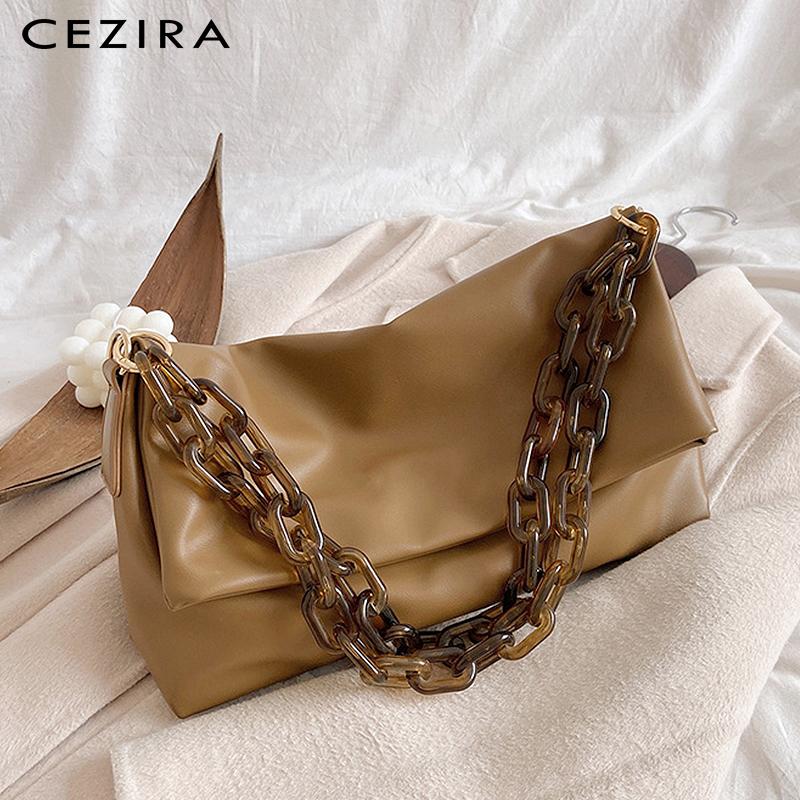 

CEZIRA Fashion Brand Women PU Leather Shoulder Bag Luxury Resin Chain Handbags Solid Color Female Large Vegan Leather Flap Purse, Red