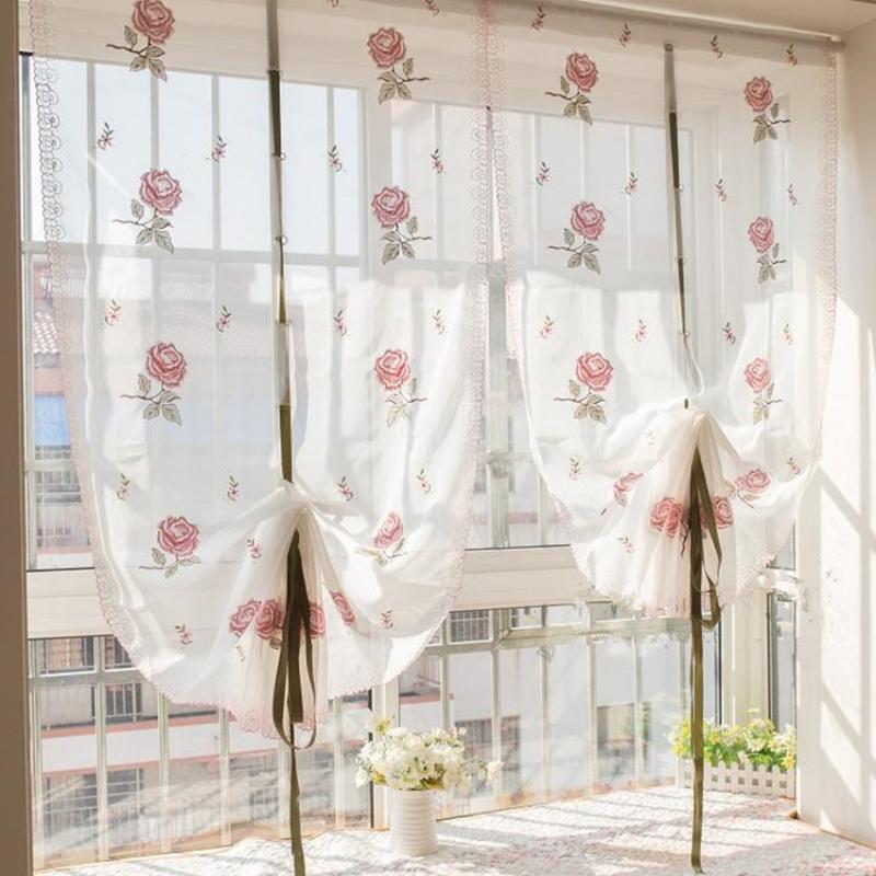 

Korean Style Embroidered Rose Translucidus Sheer Adjustable Height Finished Curtain Decorative Balloon Curtain Roman, As pic