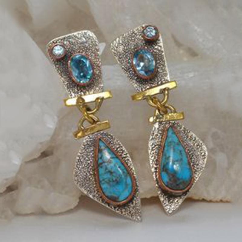 

Vintage Blue Rhinestone Turquoises Stone Earrings Tribal Jewelry Dual Color Metal Drop Dangle Earrings for Women Party