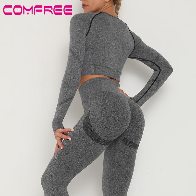 

2pcs Yoga Set Women Long Sleeve Shirts Active Tracksuit Sport Suits Workout Clothes Gym Fitness Crop Top + Push Up Leggings, Blue