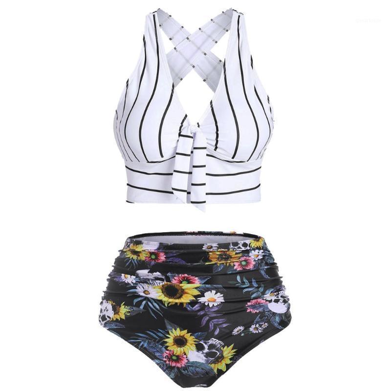 

2020 Two Piece Swimwear Women Plus Size Tankini Swimsuits with Shorts V neck Tankinis Set Swim Wear Black Print Bathing Suit1