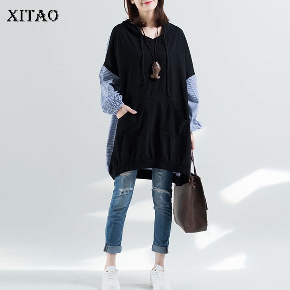

XITAO Plus Size Pleated Hoodies Women Pullover Patchwork 2019 Autumn Long Wild Joker Striped Pocket Elegant Drawstring WBB4473, Black wbb4473