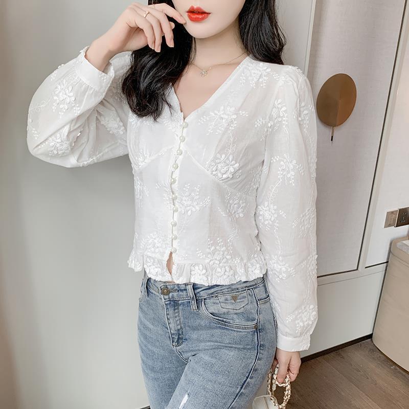 

Women' Spring Autumn Style Blouse Shirt Women' Button Ruffles Long Sleeve V-Neck Elegant Sweet Tops SP963, White
