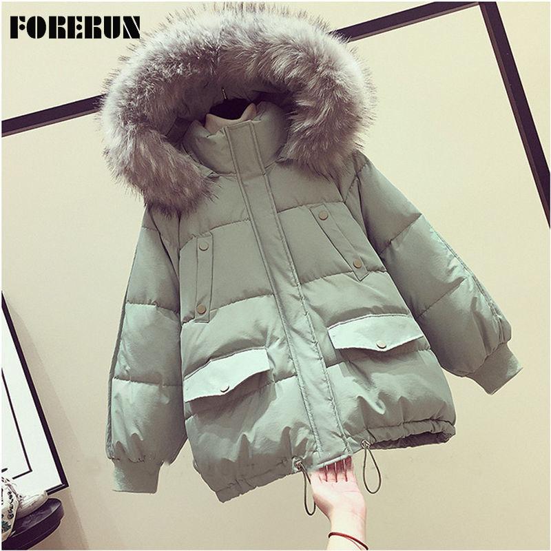 

FORERUN Jacket Women Winter Warm Cotton Padded Batween Sleeve Large Fur Hooded Double Pockets Casual Parka, Blue winter coat
