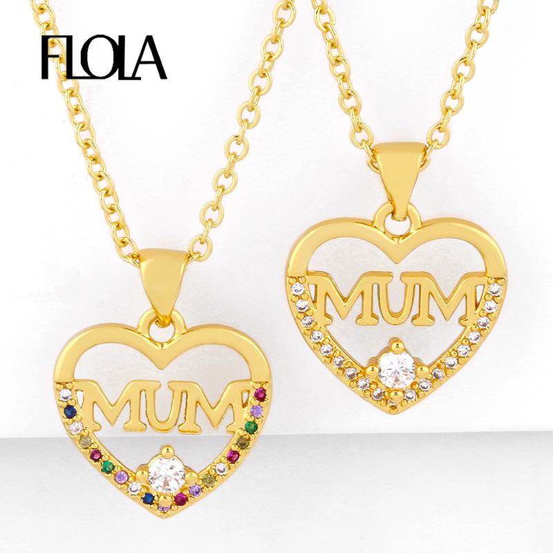 

FLOLA Gold Filled Letter Mom Pendant Necklaces For Women Love Heart Necklaces CZ Rainbow Zircon Gifts For Mama Jewelry nkeq47