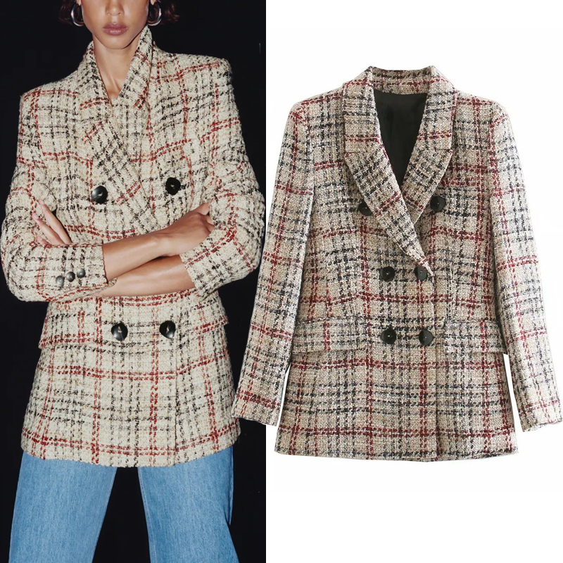 

2021 New Vingate Textured Pliad Tweed Blazer Women Autumn Lapel Collar Long Sleeve Double Breasted Blazers Ladies Elegant Coats L6b7, Plaid