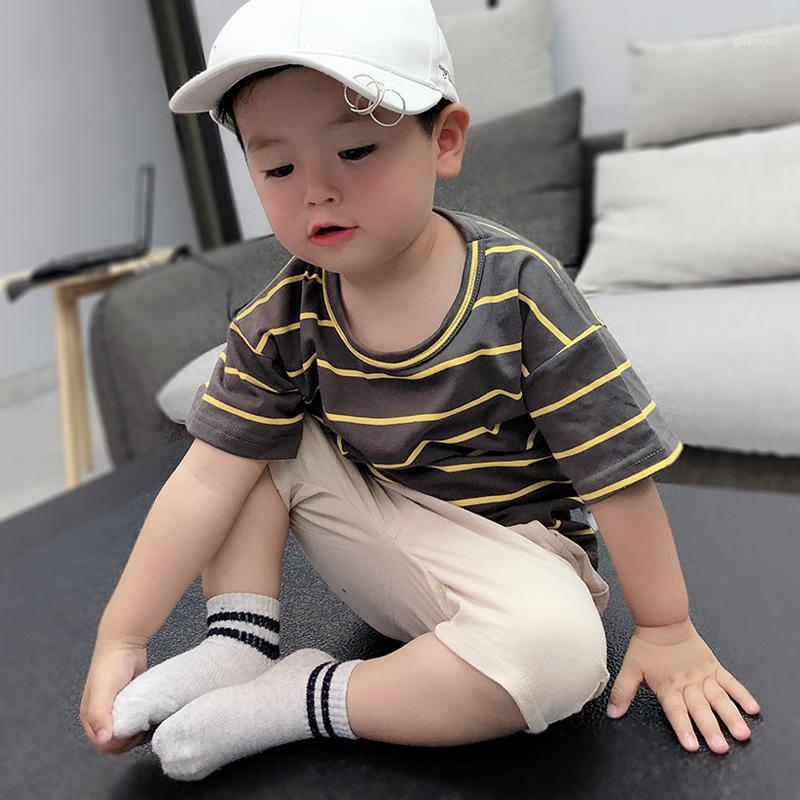 

Baby clothing summer baby boy clothes cotton short-sleeved shorts two-piece cartoon stripe printing casual sports suit1, Dark grey