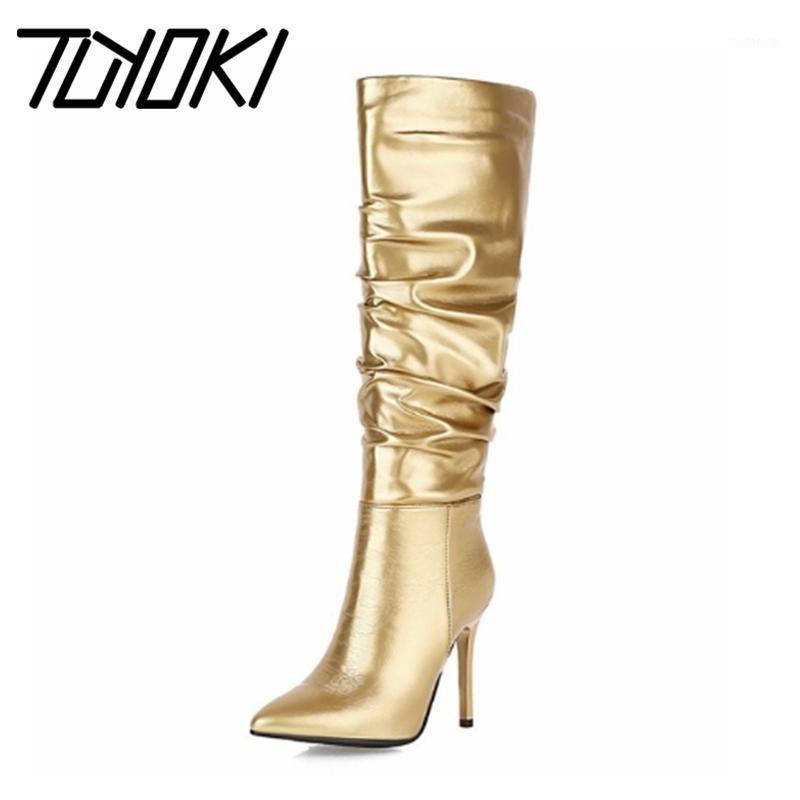 

Tuyoki 34-43 Women Knee Boots Pointed Toe Thin High Heel Slip On Shoes Winter Warm Boots Women Fashion Party Footwear1, Silver