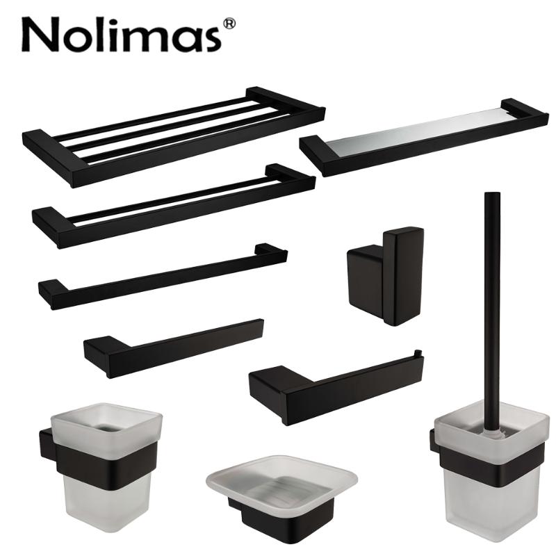 

2020 SUS 304 Stainless Steel Bathroom Hardware Set Polished Black Paper Holder Toothbrush Holder Towel Bar Bathroom Accessories