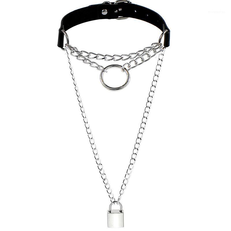 

Gothic Lock Chain Necklace Round on Neck Multilayer Punk Choker collar goth Pendant Necklaces Women Black Lleather Night Jewelry1