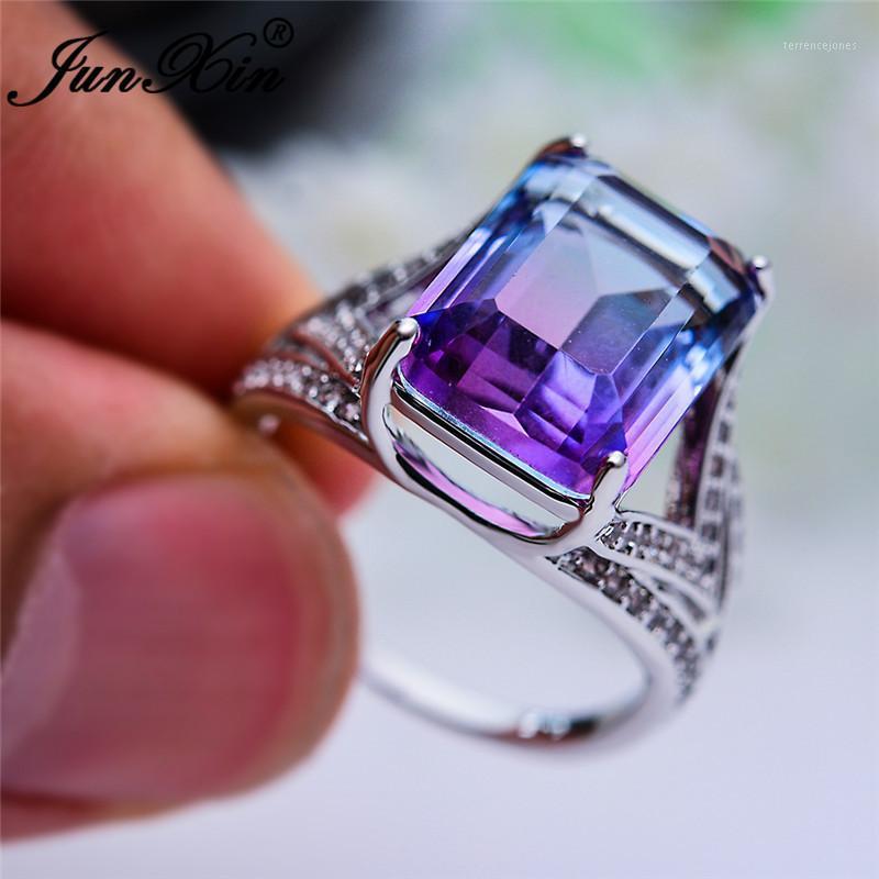 

Wedding Rings Rainbow Crystal For Women Big Geometric Rectangle Ring Purple Blue Stone Promise Engagement Mystic Jewelry CZ1
