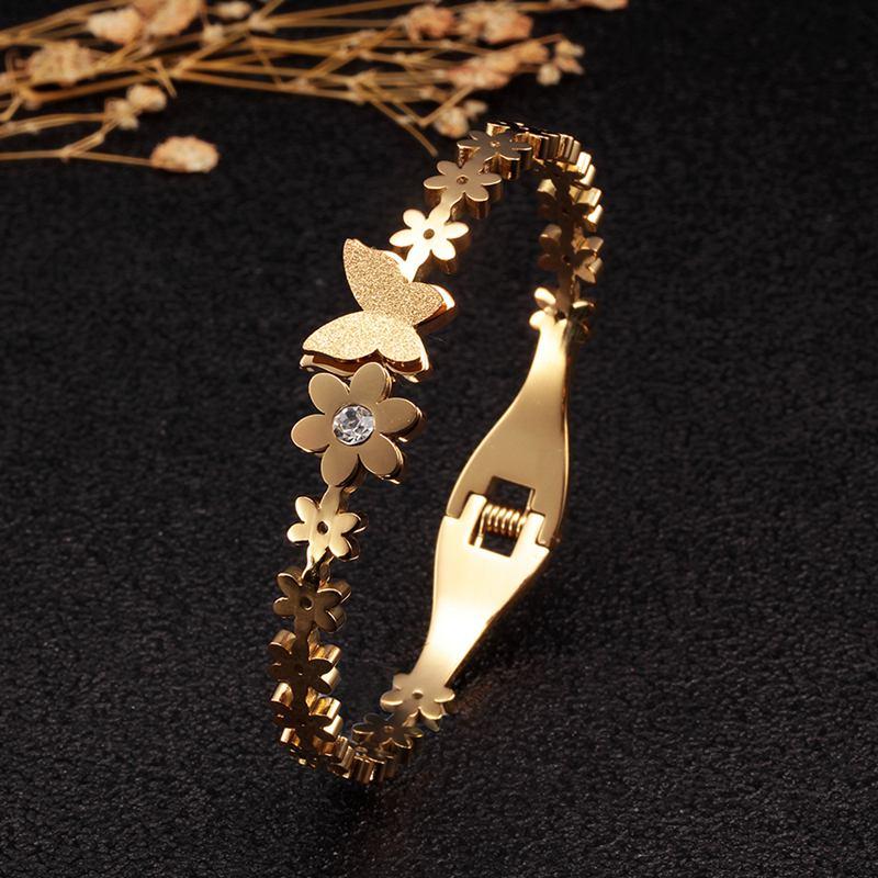 

Fashion Sweet Flower Women Female Charm Cuff Bangles Stainless Steel Gold Plating Wedding Party Brand Bracelets Jewelry Gift
