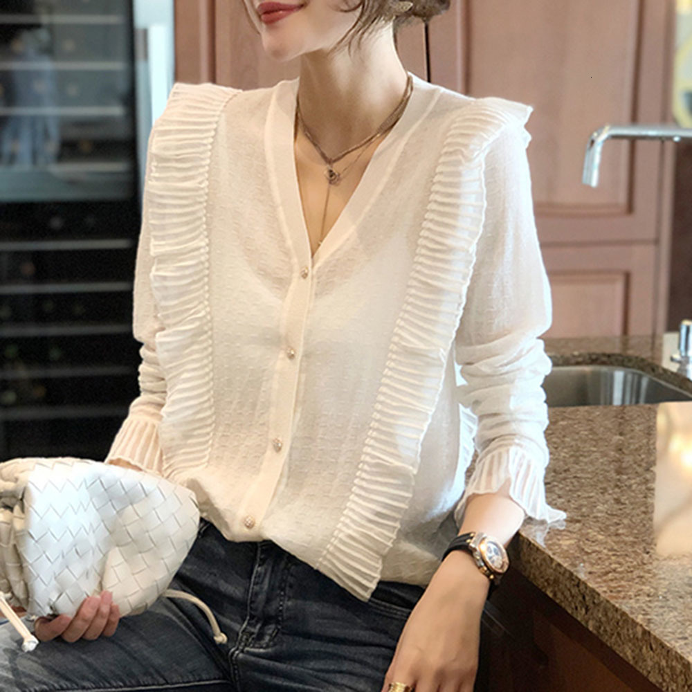 

2021 New Women's Ruffled Fashion V-neck Long-sleeved Thin Western Style Blouse Early Autumn Ladies Shirt Chic Female Tops Q9ZK, Black