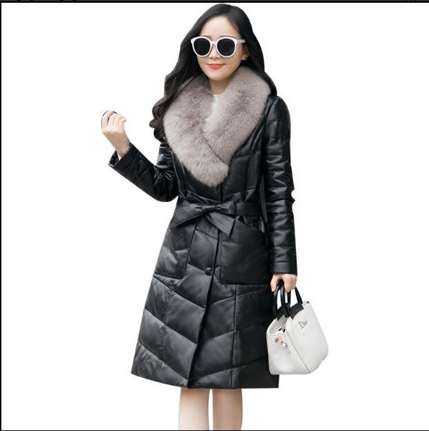 

Natural From New the Long Ladies Down to Real Fox Fur Fine Leather Classic Lambskin Coat Idty, Black