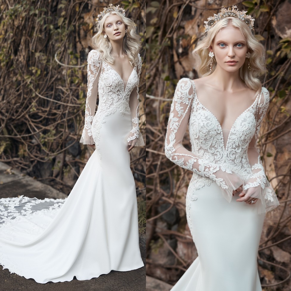 

Charming Beaded Lace Mermaid Backless Wedding Dresses Deep V Neck Long Sleeves Bridal Gowns Plus Size Satin robe de mariée, Light sky blue