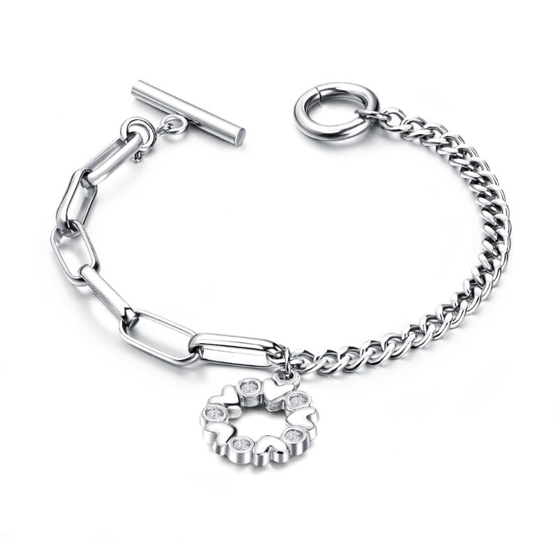 

Stylish personality heart-shaped crystal pendant High quality titanium steel OT buckle bracelet Women's holiday gift jewelry, Golden;silver