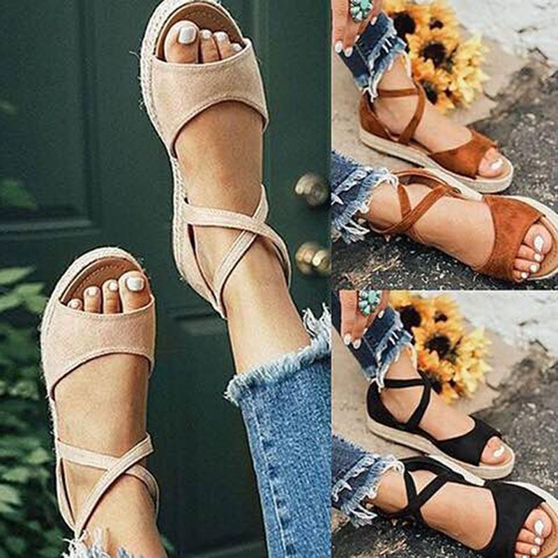 

Spring Summer Ethnic Bandage Straw Roman Sandals Open Baotou Cotton Linen Women Shoes Students Flat, Apricot
