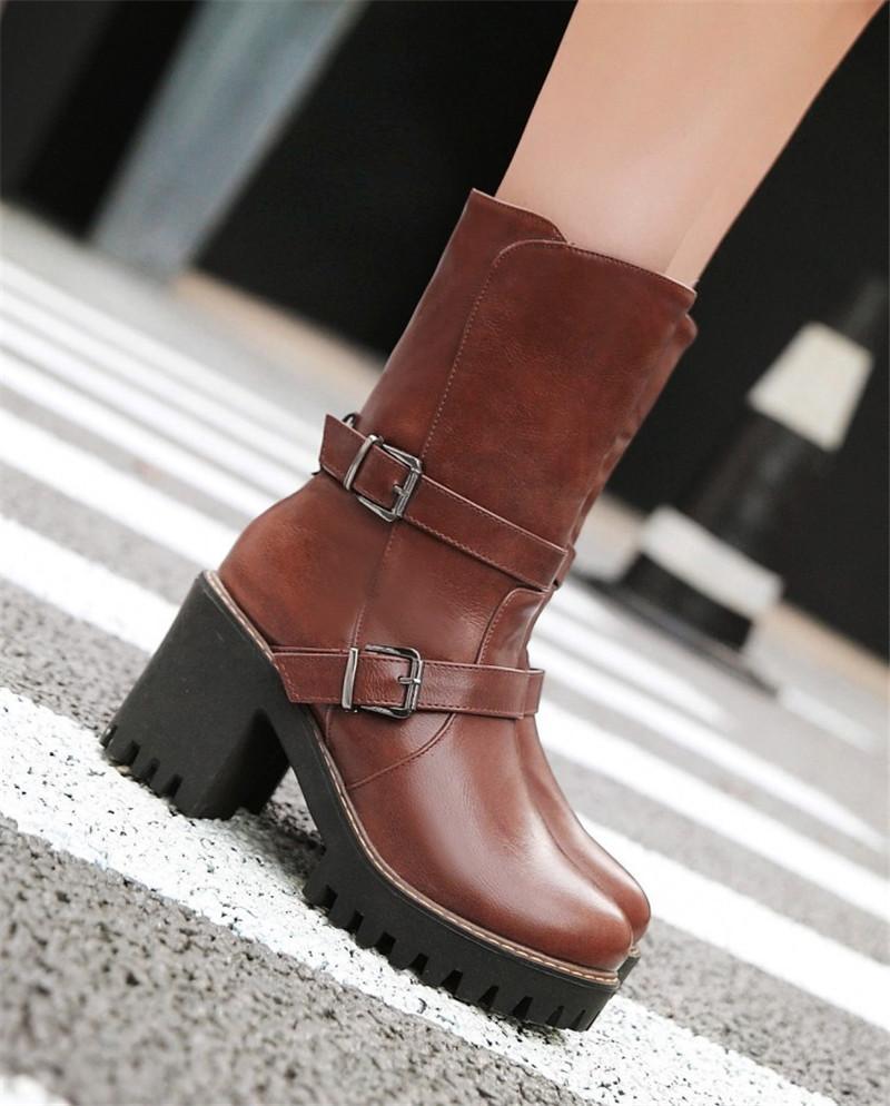 

YMECHIC Womens Motorcycle Boots Female Footwear Black Brown Buckle Strap Winter Shoes Block Heel Punk Motorcycle Boots Plus Size