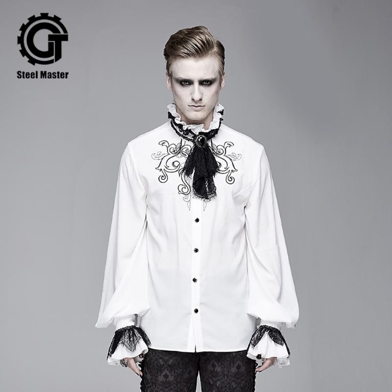 

2020 Devil Fashion Men' Punk Party Court White Shirt Turtleneck Loose Long Sleeve Top
