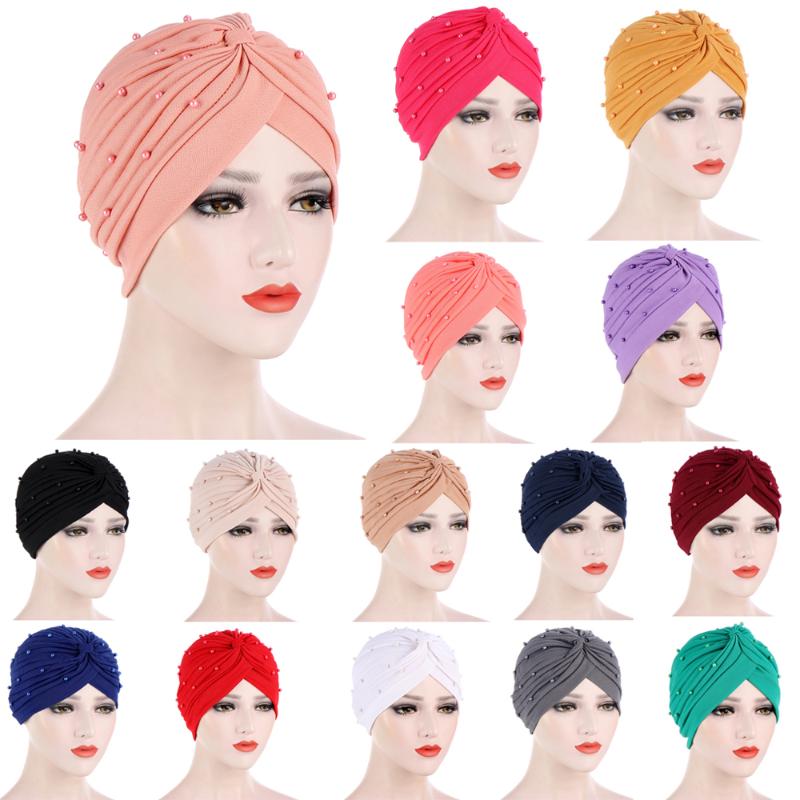 

Women Turban Cancer Beads Underscarf Muslim Hair Loss Bonnet Pleated Hat Islamic Headwear Wrap Chemo Caps Beanies Covers, 04 white