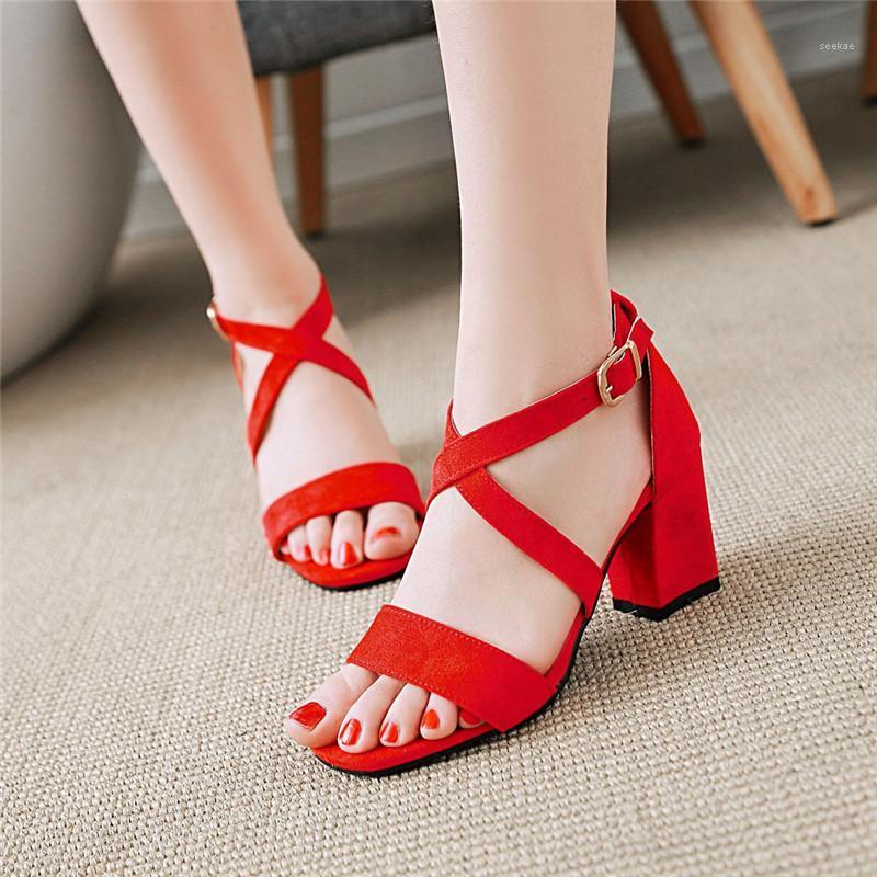 

YQBTDL New 2021 Cross Strap Block Chunky High Heels Sandals Women Flock Red Pink Gray Cheap Summer Ladies Shoes Daily Leisure1, Black