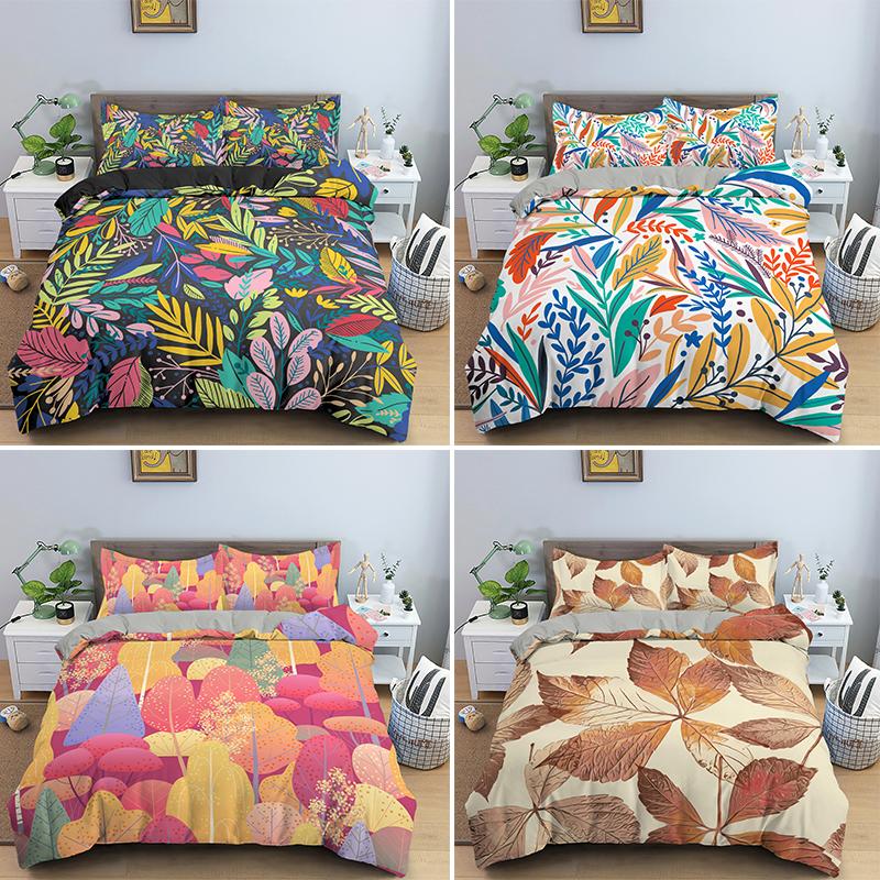 

Colorful Leaves Printing Bedding Sets Plants Design Single Double Queen Duvet Quilt Blanket Cover Set Bedclothes With Pillowcase, Bss1011